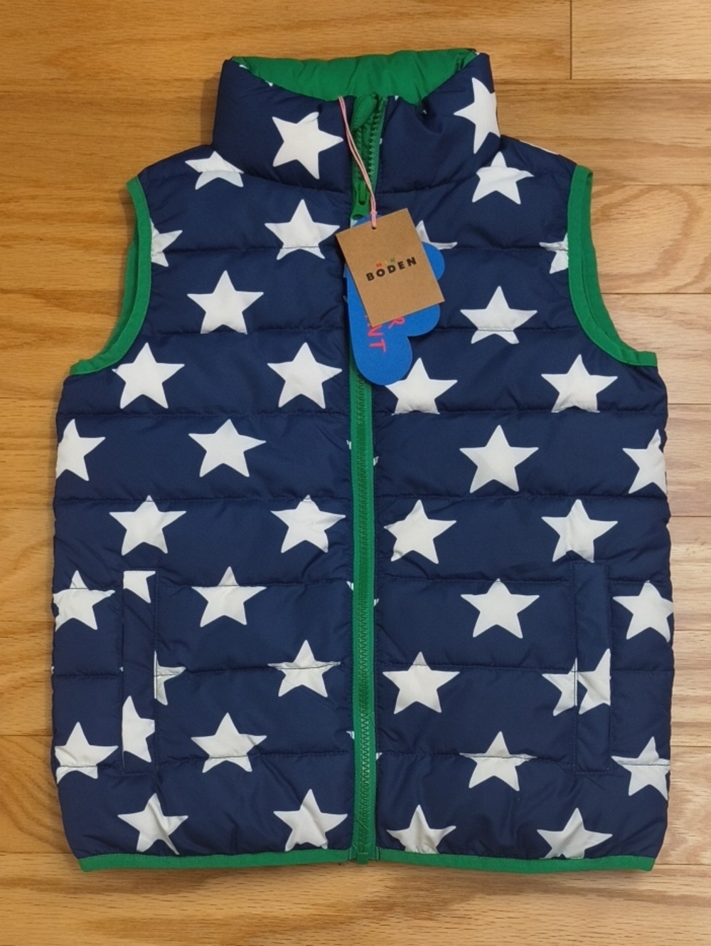 Mini Boden Navy & White Star Puffer Vest Green Trim Size 6/7 NWT